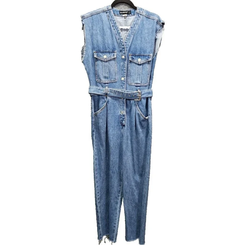 Blank NYC Denim Jumpsuit SMALL Relaxed Fit Belted Cropped Raw Straight Leg‎